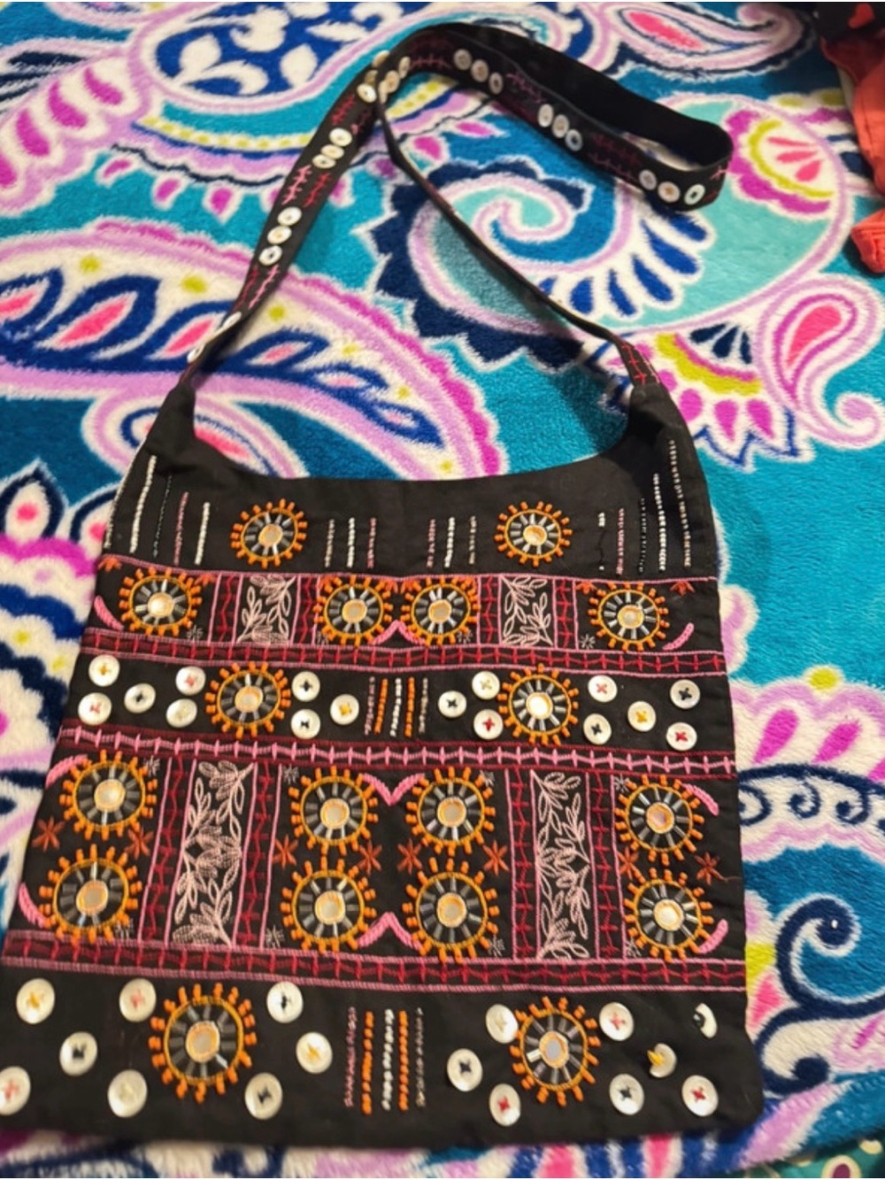 GAP Black Shoulder Bag with Orange and Pink Embroidery